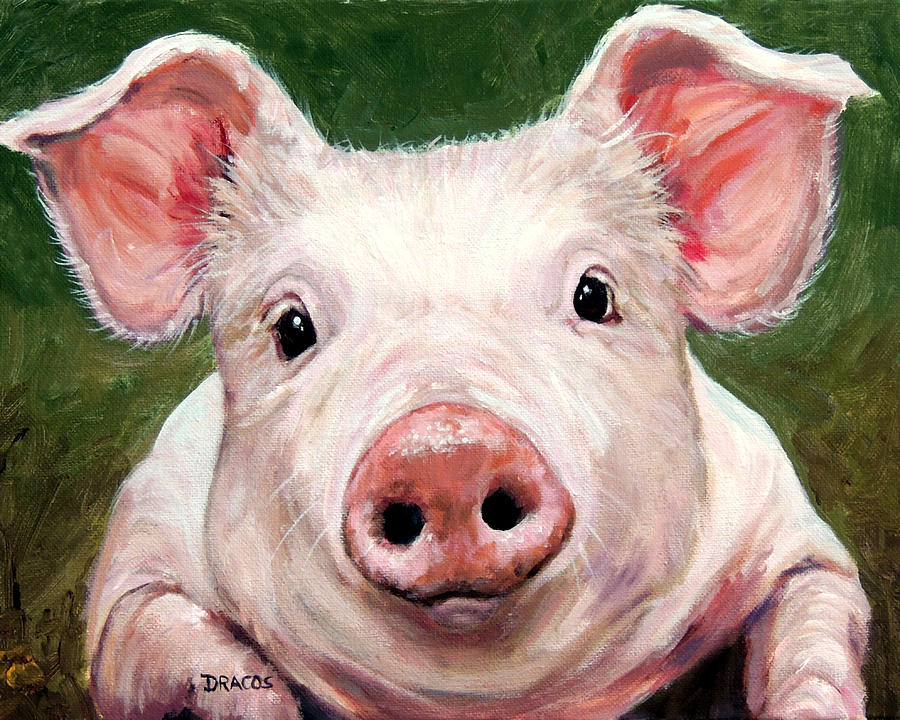 900x720 Sweet Little Piglet On Green Painting By Dottie Dracos - Piggy Painting