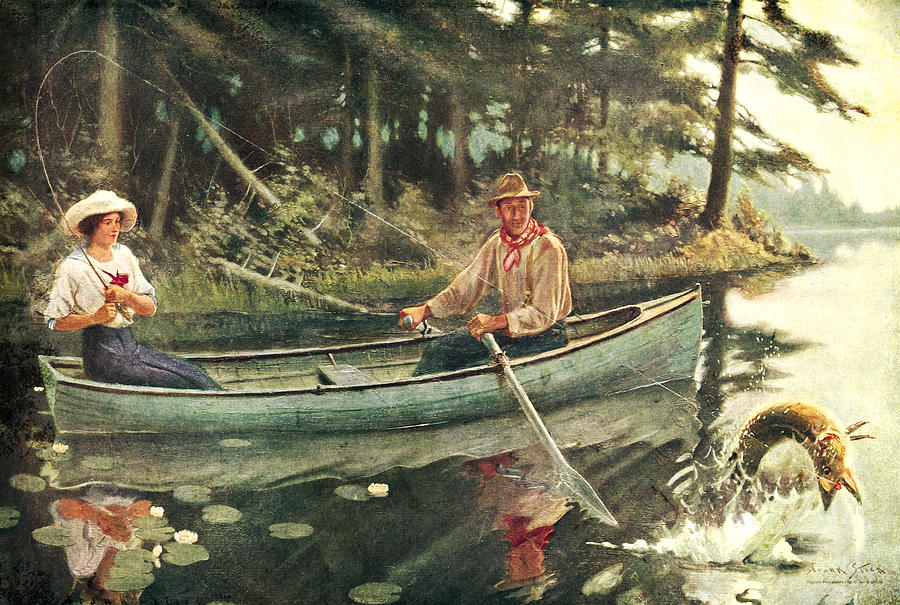 900x605 Man And Woman Fishing Painting By Jq Licensing - Pike Painting