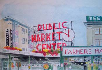 350x243 Seattle's Pike Place Market Watercolor Painting By Nate Luthor - Pike Place Market Painting