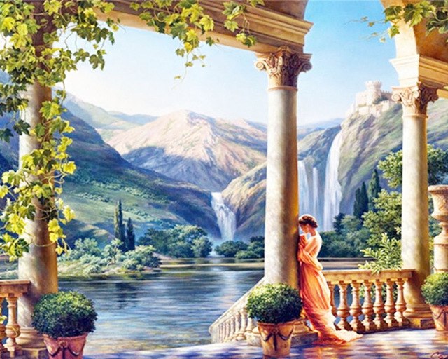640x512 Jlking Diy Mountain Pillar Lake Woman Printing Full Area Mosaic - Pillar Painting