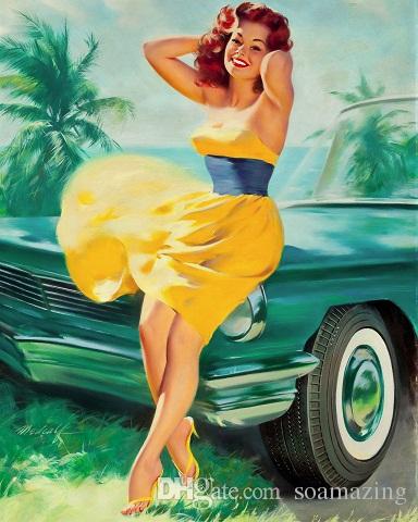 384x480 2018 Vintage Pin Up Girl Yellow Dress Pinup Canvas High Quality - Pin Painting