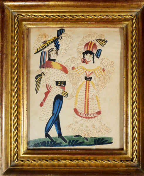 491x600 Charming American Or Continental Folk Art Pin Prick Painting, 19th - Pin Painting