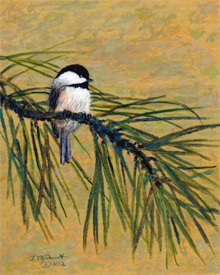 770x963 Saatchi Art Pine Branch Chickadee - Pine Branch Painting