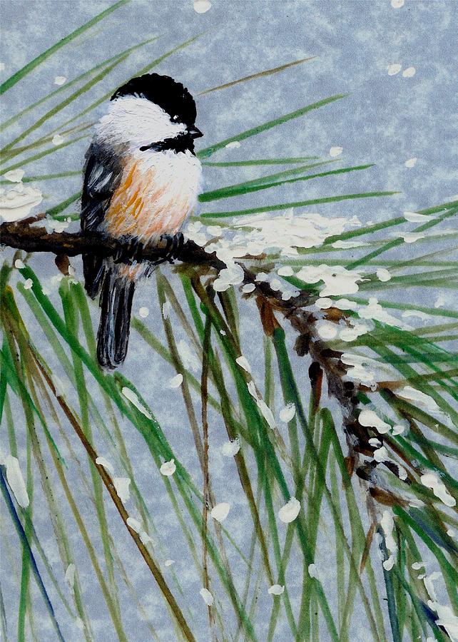 642x900 Snow Pine Chickadee Detail Print Bird 1 Painting By Kathleen Mcdermott - Pine Branch Painting