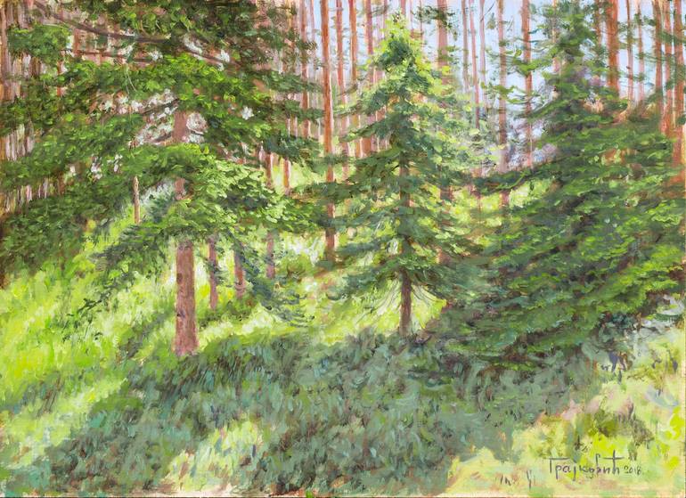 770x559 Saatchi Art Sun In Pine Forest Painting By Dejan Trajkovic - Pine Tree Painting