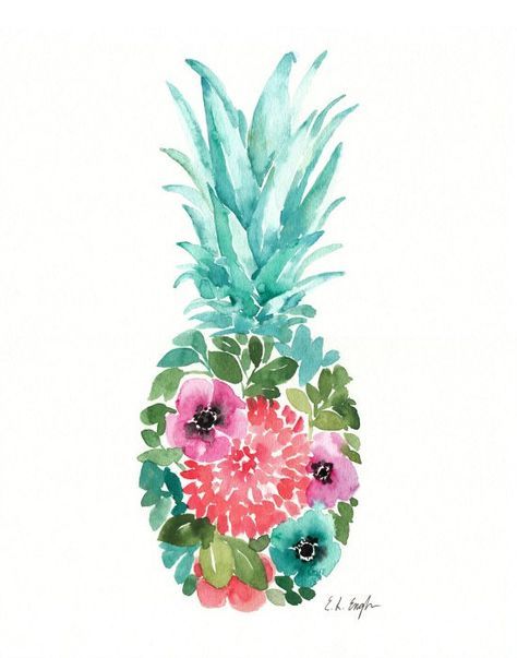 474x603 Watercolor Floral Pineapple, Original Painting, 11x14, Blue, Pink - Pineapple Painting