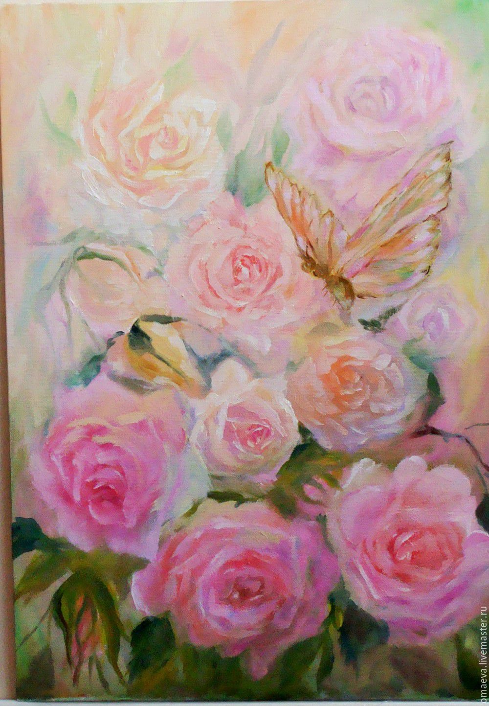 1000x1443 The Picture Rose And Butterfly,pink,peach,green Shopline - Pink And Green Painting