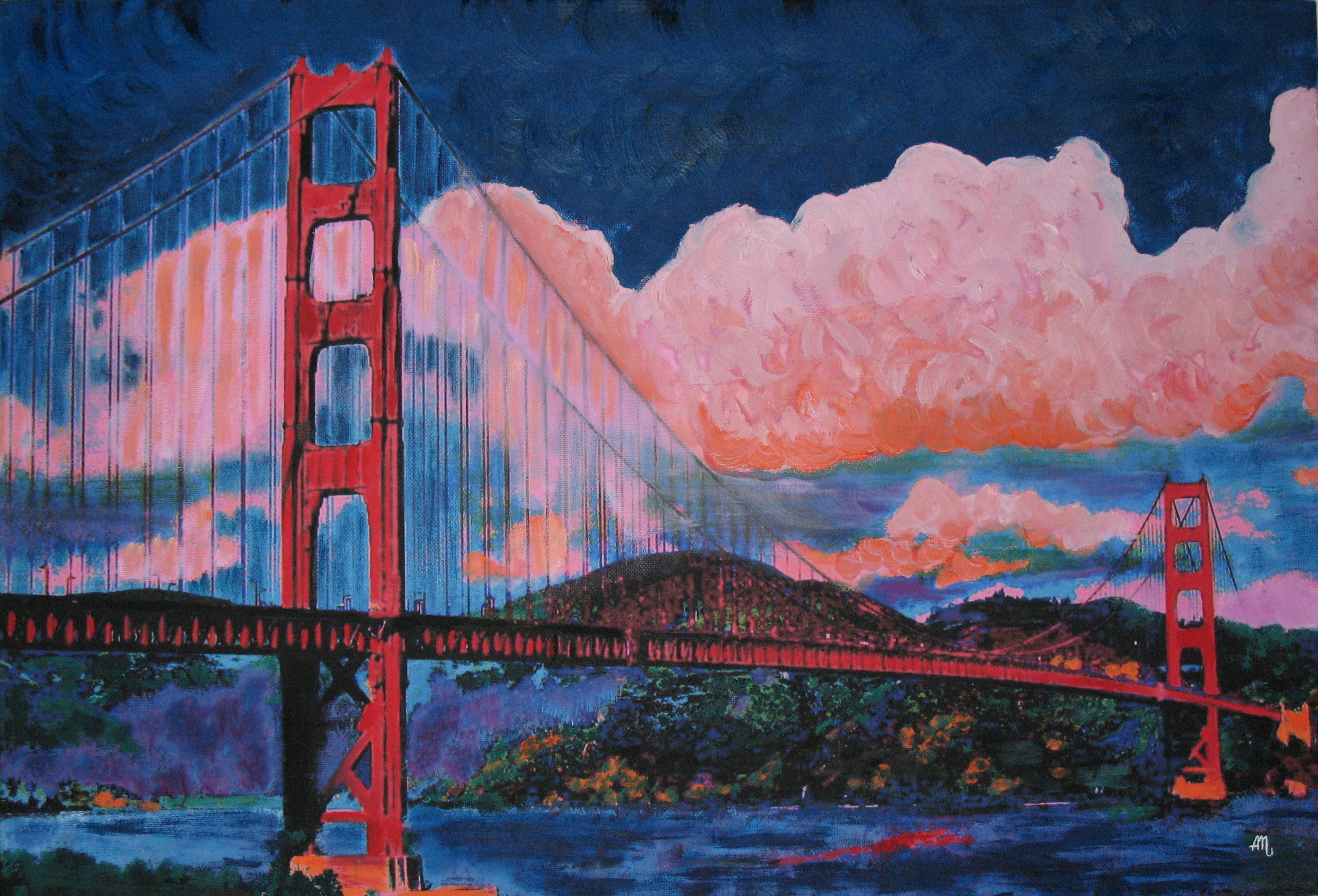 3140x2136 Anna Maly Artwork Red Bridge Pink Clouds Original Painting Oil - Pink Clouds Painting