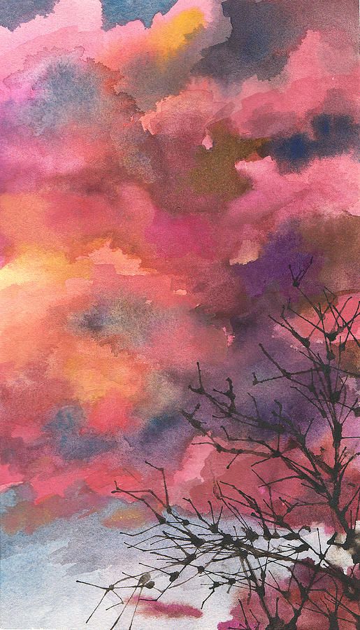 515x900 Red Clouds With Twig Tree Painting By Anne Gifford Watercolor - Pink Clouds Painting