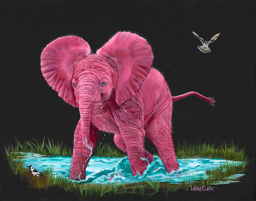 900x707 Water Fun Wildlife Art By Laura Curtin - Pink Elephant Painting