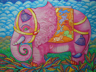 400x300 Children's Room Pink Elephant Painting Original Signed Fine Art - Pink Elephant Painting