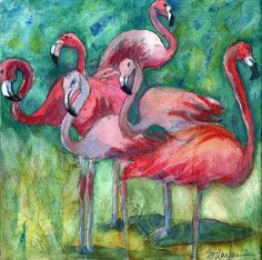 236x234 Water Break Oil Painting Pink Flamingo Bird Art By Miriam - Pink Flamingo Painting