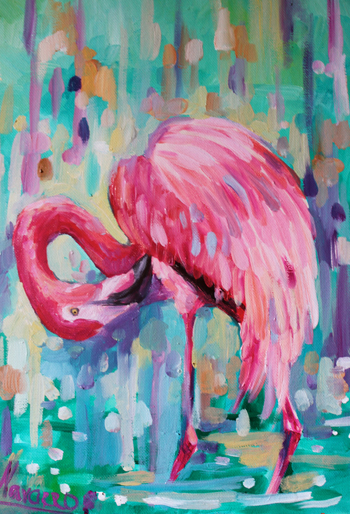 350x514 Flamingo Painting, Pink Summer Art Studio - Pink Flamingo Painting