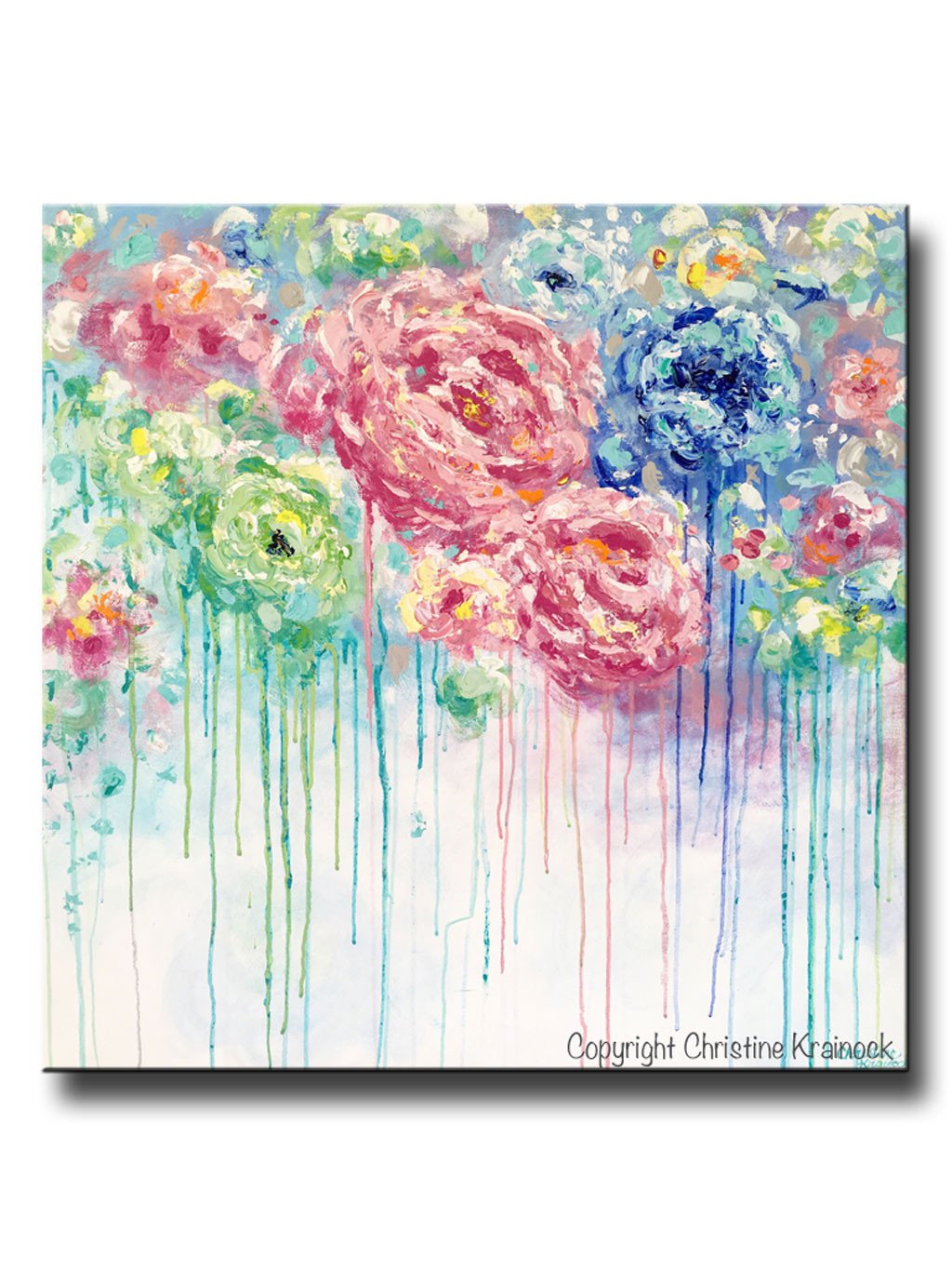 1024x1365 Original Art Abstract Flower Painting Large Canvas Blue Colorful - Pink Floral Painting