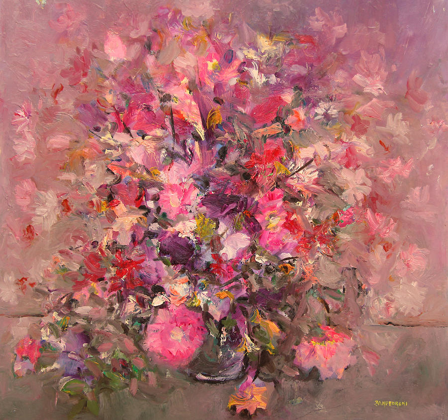 900x845 Pink Flowers Bouquet Painting By Mario Zampedroni - Pink Floral Painting