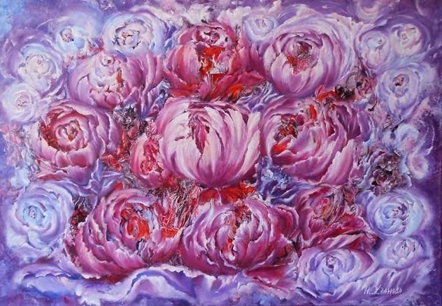 632x438 Contemporary Oil Painting Abstract Flowers Peonies Purple Large - Pink Floral Painting