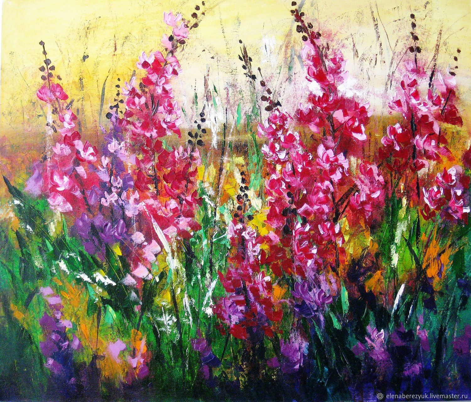 1500x1280 Pink Flowers Oil Painting On Canvas Summer Landscape With Flowers - Pink Flower Painting