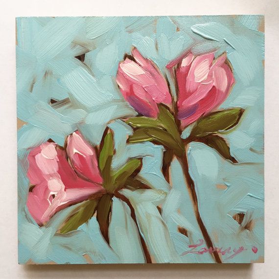 570x570 Flower Painting, Pink Azalea Flowers 4x4 Inch Impressionistic - Pink Flower Painting
