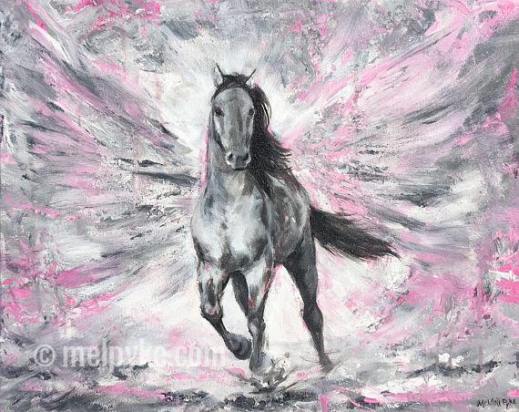 570x452 Running Horse Original Painting On Canvas In Grey And Pink - Pink Horse Painting