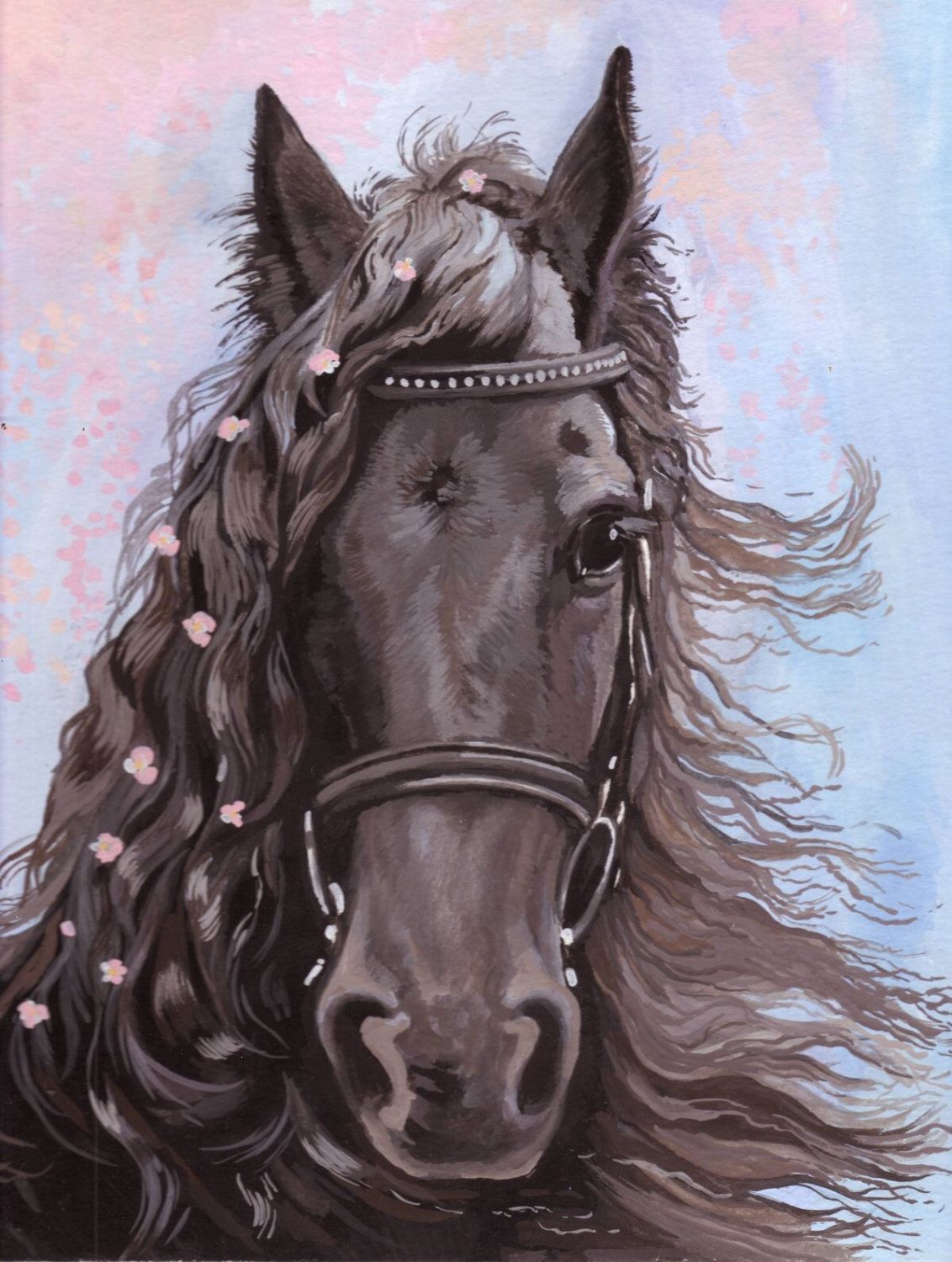 1132x1500 Black Beauty Horse Amongst Pink Blossom Original Goache Painting - Pink Horse Painting