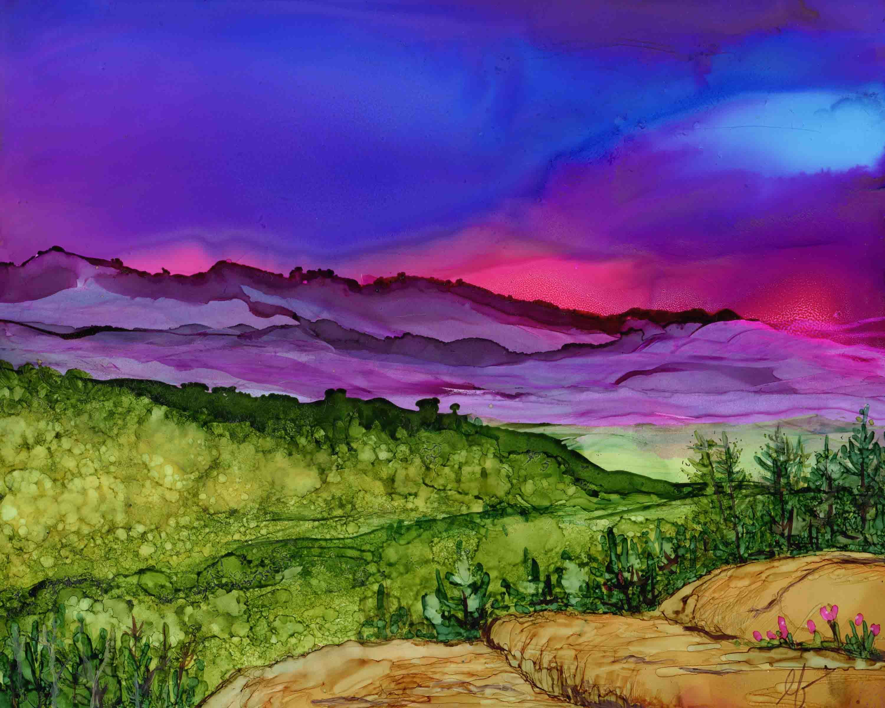 3000x2400 Original Pink Blue Sky Mountains Landscape Painting On Yupo Paper - Pink Landscape Painting