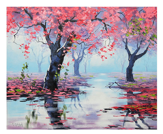 570x467 Pink Wall Art Decor Tree Paintings Pink Landscape Trees River - Pink Landscape Painting
