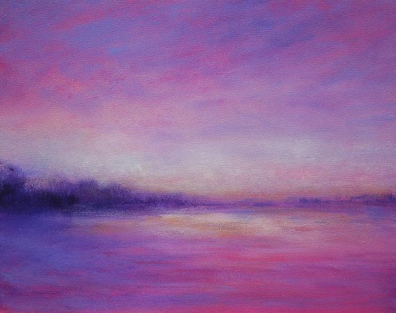 570x451 Small Landscape Painting Pink Sky Reflection In Lamoille River - Pink Landscape Painting