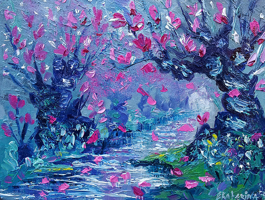 900x679 Surreal Landscape Art Pink Flower Tree Painting By Ekaterina - Pink Landscape Painting
