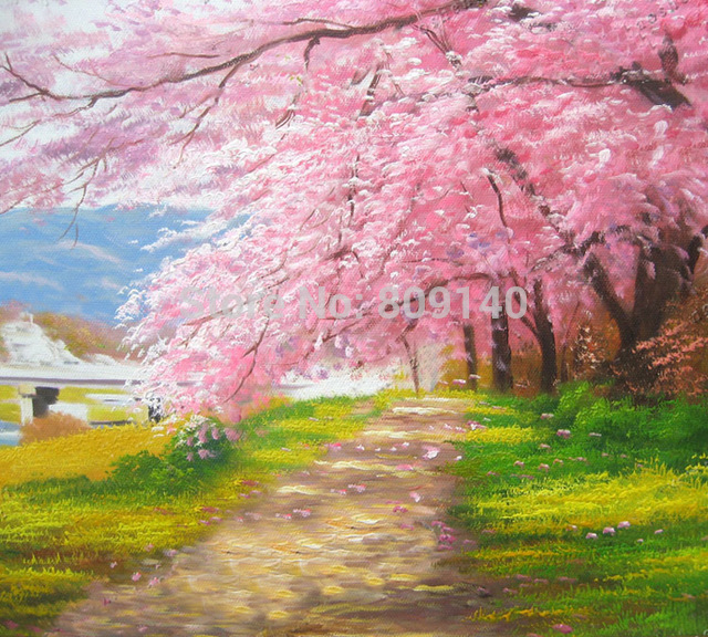 640x576 Framed Oil Painting Pink Cherry Blossom Landscape Decorative - Pink Landscape Painting