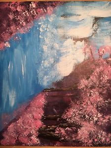 225x300 Landscape Painting Pink Trees Waterfall Canvas Acrylic Homemade - Pink Landscape Painting