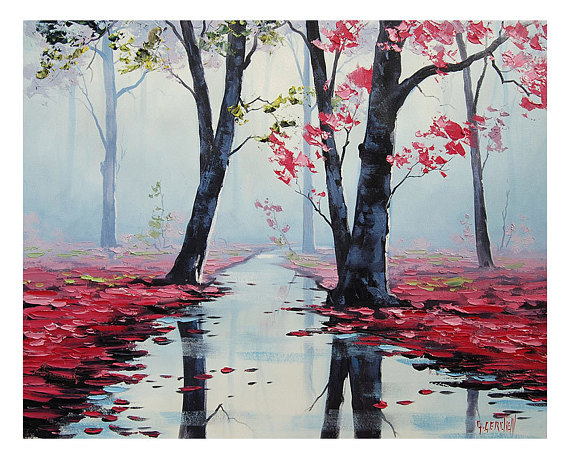 570x461 Original Oil Misty Pink Landscape Painting River Pink Wall - Pink Landscape Painting