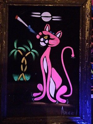 300x400 Pink Panther Painting Acrylic On Felt Blacklight Original Angel - Pink Panther Painting