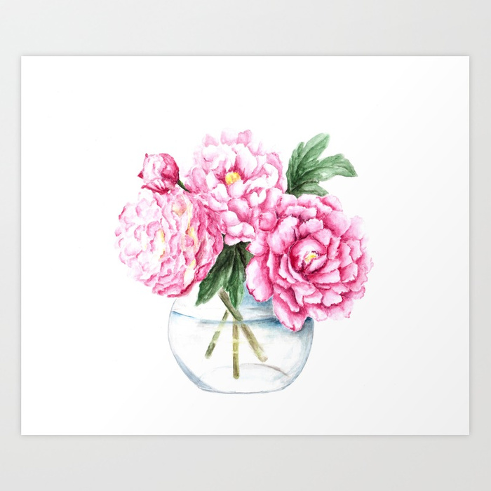 700x700 Pink Peony Painting, Watercolor Peony Art, Pink Flower Bouquet Art - Pink Peony Painting