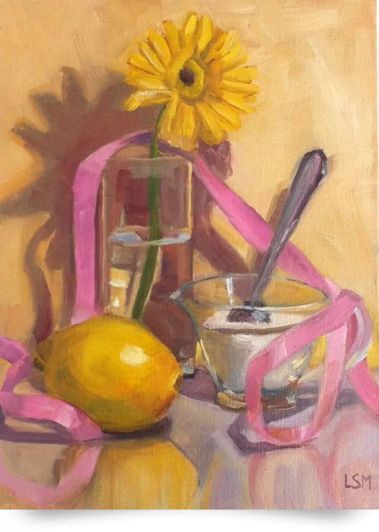 745x1044 Lemon Yellow And Pink Ribbon Paintingoil Fine Art - Pink Ribbon Painting