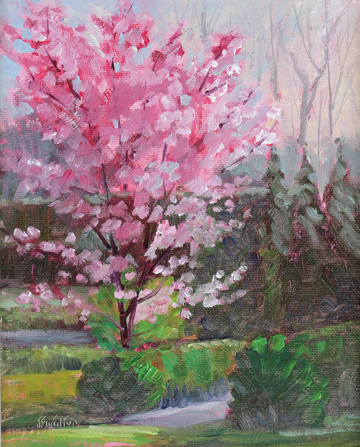 726x900 Cherry Tree Painting By Judy Fischer Walton - Pink Tree Painting