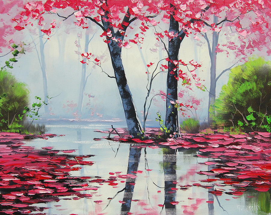 900x714 Misty River Painting By Graham Gercken - Pink Tree Painting