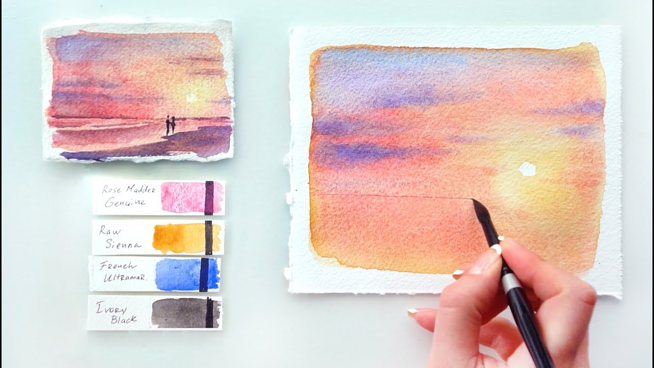1280x720 Pink Sunset. Watercolor Tutorial. - Pink Watercolor Painting