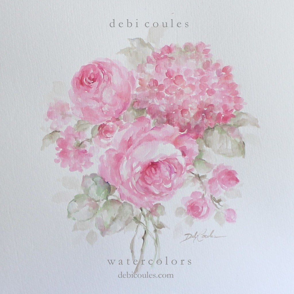1024x1024 Roses And Hydrangeas Original Watercolor Painting By Debi Coules - Pink Watercolor Painting