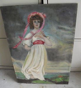 275x300 Beautiful Early 1900s Painting On Wood Of Pinkie Woman In White - Pinkie Painting