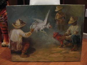 300x225 Original Felix Pinto Gonzalez Cockfight Oil Painting Signed - Pinto Painting