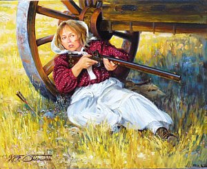 300x245 A Woman's Work Is Never Done Painting By Kirk Stirnweis - Pioneer Woman Painting