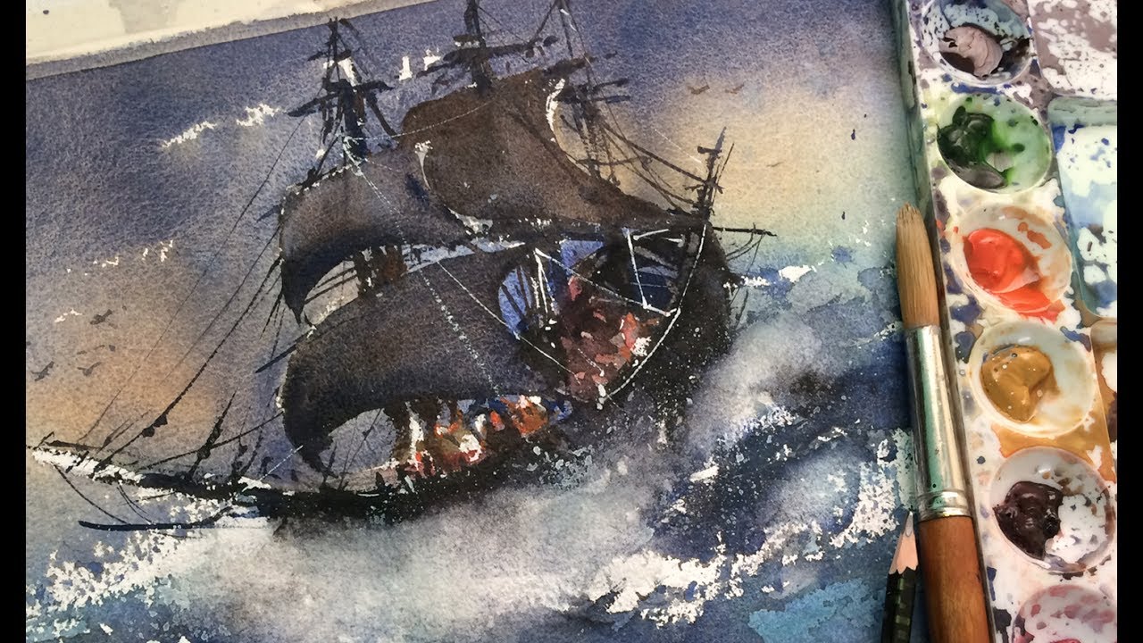 1280x720 How To Paint Stormy Watercolor Ocean Painting Pirate Ship - Pirate Painting