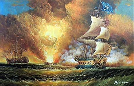 463x298 100% Hand Painted Pirate Ship Battle Ocean Sea Cannon - Pirate Ship Battle Painting
