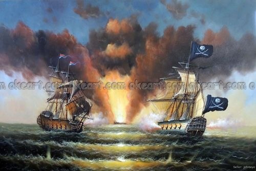500x334 100% Hand Painted Pirate Ship Cannon Attack Sea Battle Ocean - Pirate Ship Battle Painting