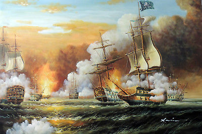 400x265 Pirate Ship Naval Battle Cannon Boat Caribbean Sunset Oil - Pirate Ship Battle Painting