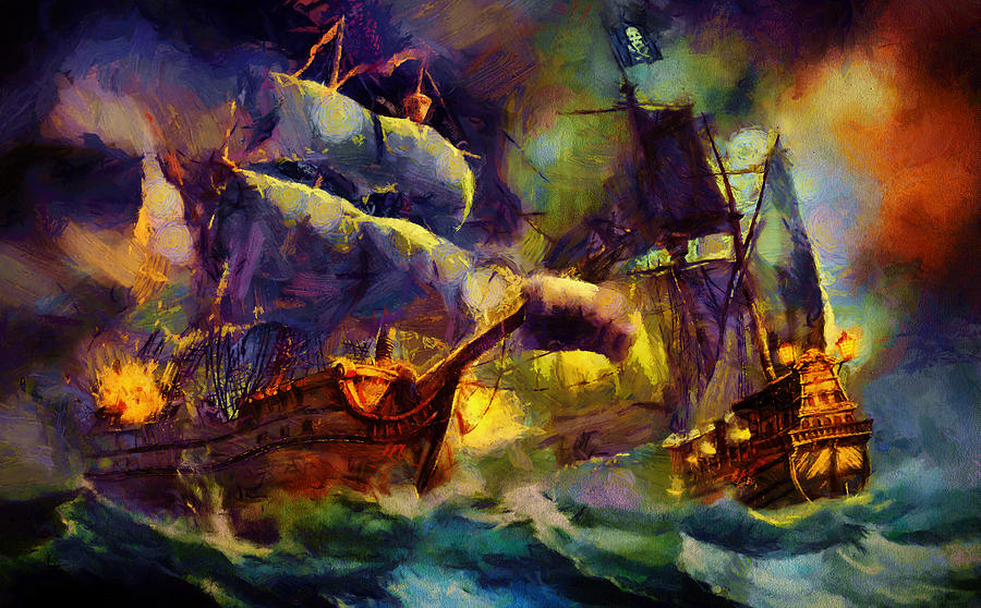 900x558 Pirate Battle Painting By Christopher Lane - Pirate Ship Battle Painting