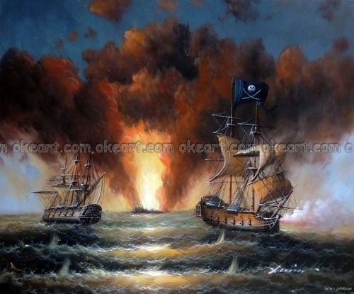 500x415 100% Hand Painted Pirate Ship Sea Cannon Naval Battle Ocean - Pirate Ship Battle Painting
