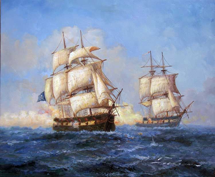 750x616 1700s Pirate Ocean Battle Ship Jolly Roger Oil Painting - Pirate Ship Battle Painting