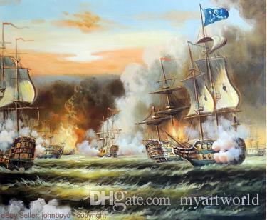 375x308 2018 Framed Pirate Ship Battle Ocean Sea Cannon Caribbean 1800s - Pirate Ship Battle Painting