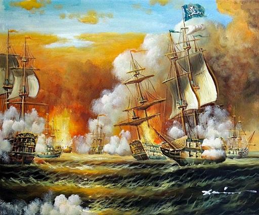 512x425 2018 Pirate Ship Battle Ocean Sea Cannon Caribbean 1800s Seascape - Pirate Ship Battle Painting